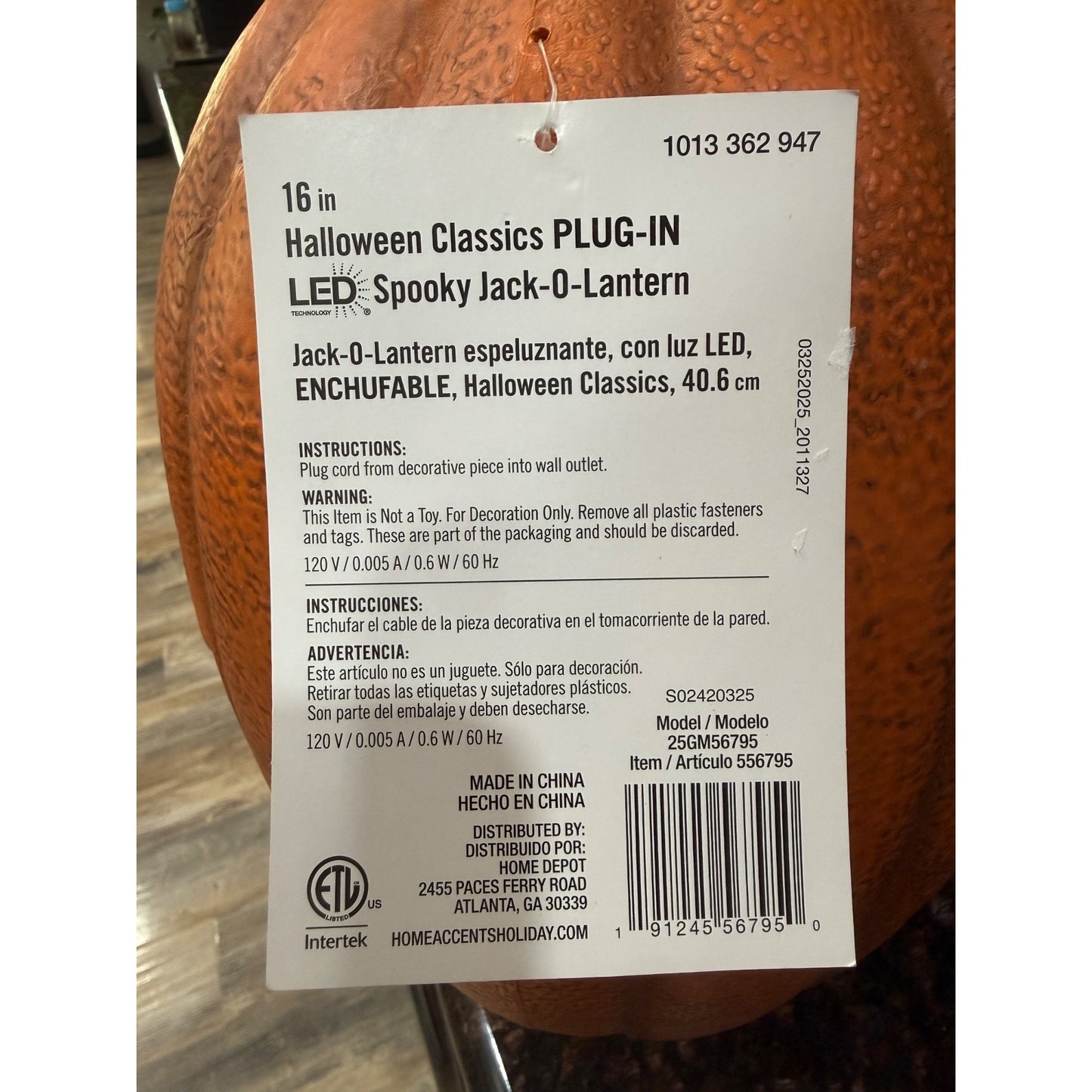 16-Inch Plug-In LED Halloween Jack-O-Lantern With Spooky Face Indoor/Outdoor Decoration