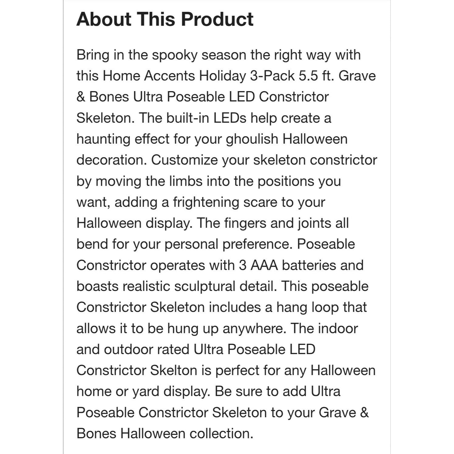 Posable Skeleton Snake With Glowing Green Eyes - Halloween Decoration - 5 Ft Tall