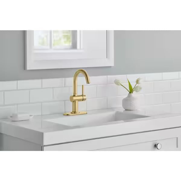 Glacier Bay Dorind Single Hole Single-Handle Deck Mount High-Arc Bathroom Faucet in Matte Gold