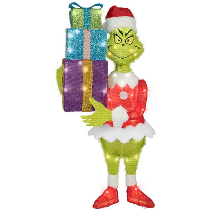 30 in. 3D Lighted Grinch with Present Stack Tinsel Sculpture Outdoor Christmas Decoration