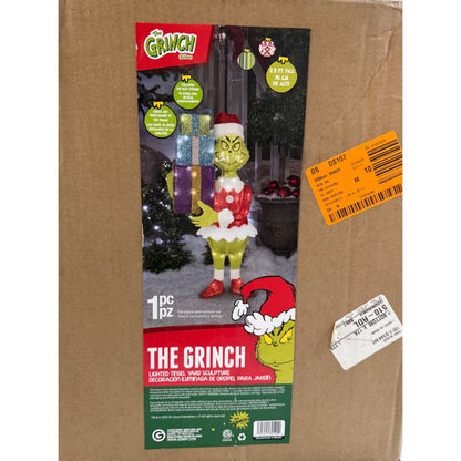 30 in. 3D Lighted Grinch with Present Stack Tinsel Sculpture Outdoor Christmas Decoration