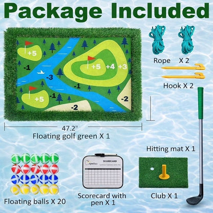 Pool Golf Game, Large 47" x 35" Floating Green w/Chipping Club, 20 Colored Balls, Scorecard, Tee!