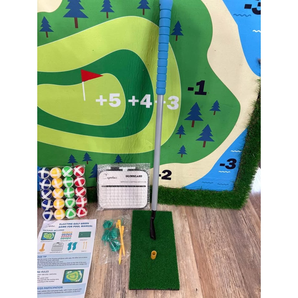 Pool Golf Game, Large 47" x 35" Floating Green w/Chipping Club, 20 Colored Balls, Scorecard, Tee!