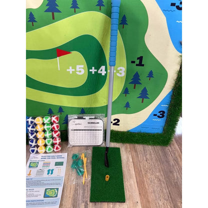 Pool Golf Game, Large 47" x 35" Floating Green w/Chipping Club, 20 Colored Balls, Scorecard, Tee!