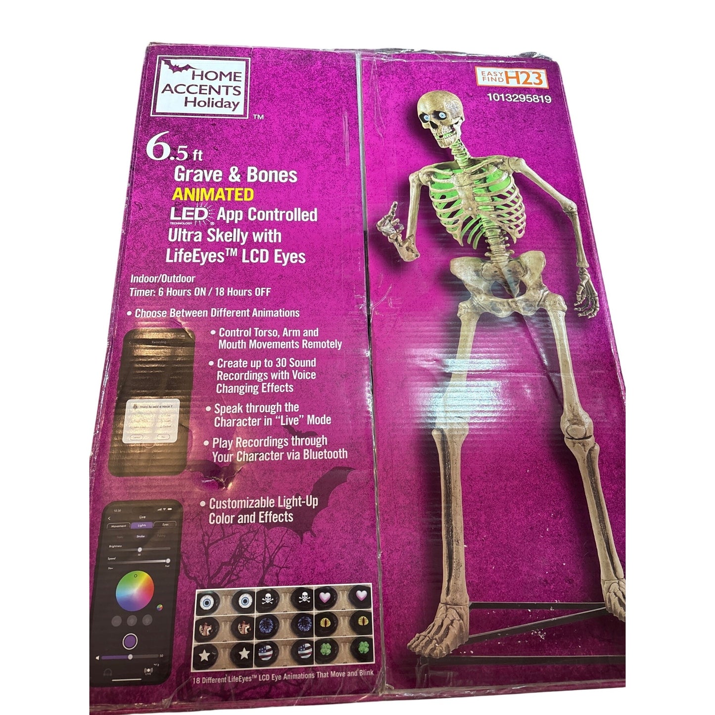 Used 6.5 Ft. Grave & Bones Animated LED App Controlled Ultra Skelly with LifeEyes LCD Eyes H23