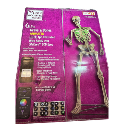 Used 6.5 Ft. Grave & Bones Animated LED App Controlled Ultra Skelly with LifeEyes LCD Eyes H23