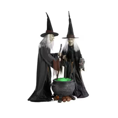 6.5 Ft Animated Witch Sisters W/Cauldron Halloween Decoration - Light-Up & Sound Effects