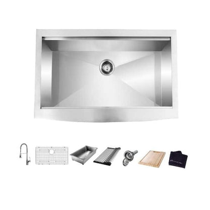 Zero Radius 33 in. Apron-Front Single Bowl 18 Gauge Stainless Steel Workstation Kitchen Sink with Spring Neck Faucet